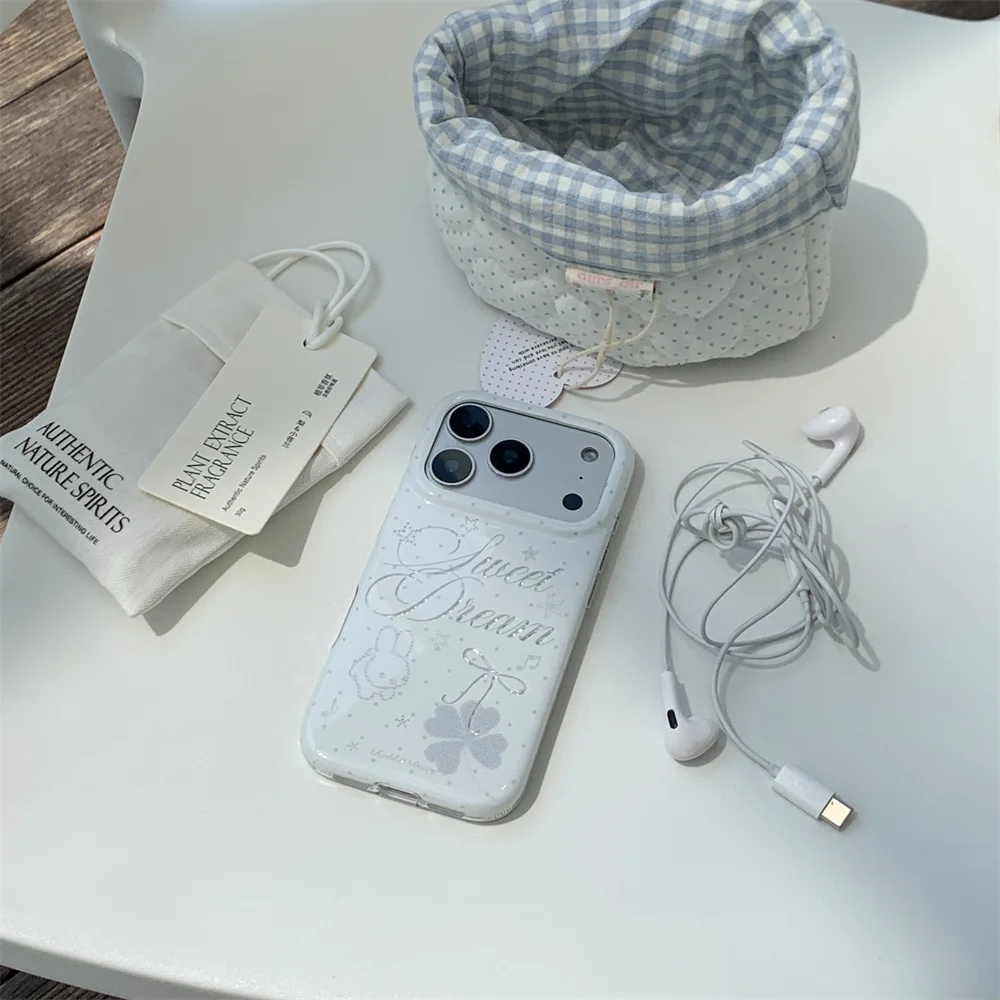 Korea Ins Fashion Sweet Dream miffy Phone Case For iPhone 18 17 16 15 Pro Max White Polka Dot Glossy Shockproof Cover Cases