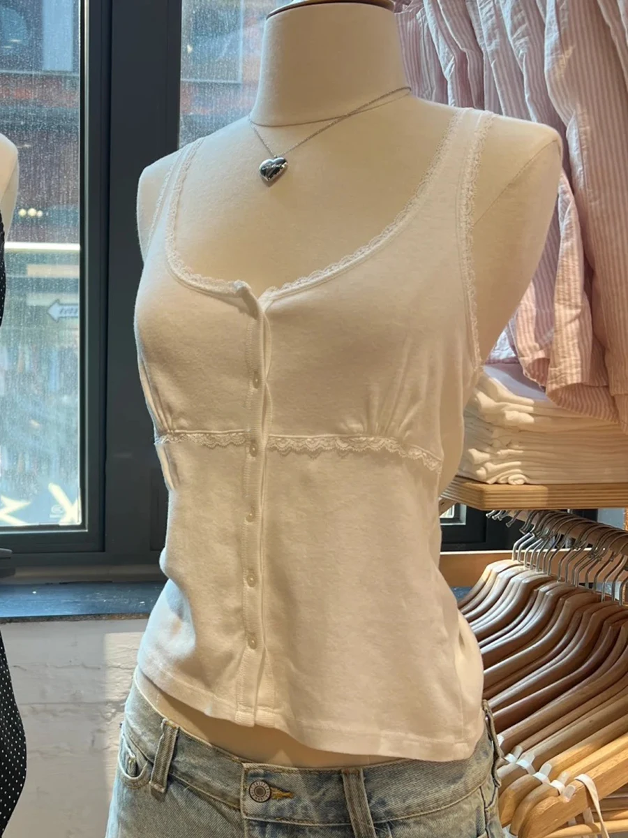 الأبيض القطن الدانتيل تقليم سليم تانك القمم المرأة الصيف U طوق واحدة الصدر بروتيل بسيط عادية الحلو أكمام المحاصيل القمم Y2k