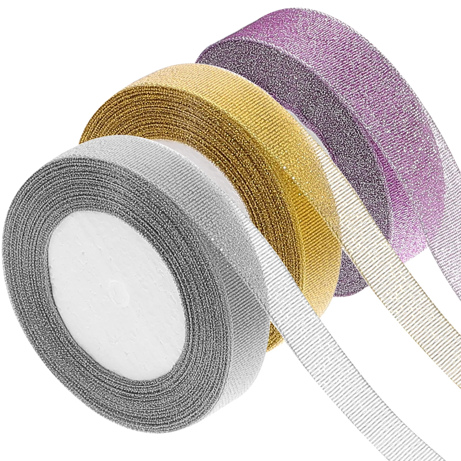 3 Rolls Metallic Glitter Polyester Ribbon Gift Packaging Wrapping Craft Decorations Cuttable Washable Festival Party Supplies