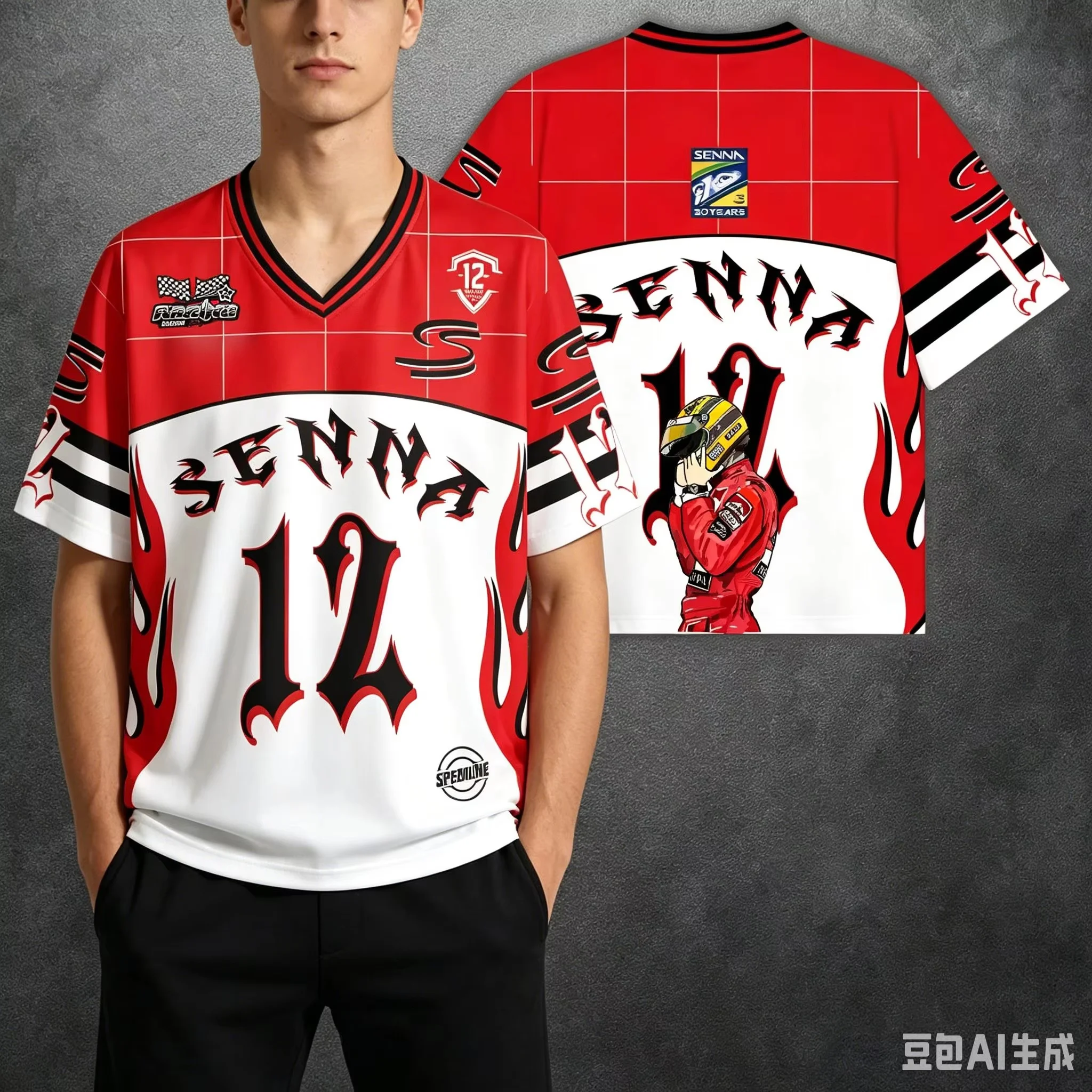 Family #12 Race Helmet Striped Graphic V Neck Short Sleeve Jersey Quick Dry Breathable Light Motorsport T Shirt for Adult Fans - view 2