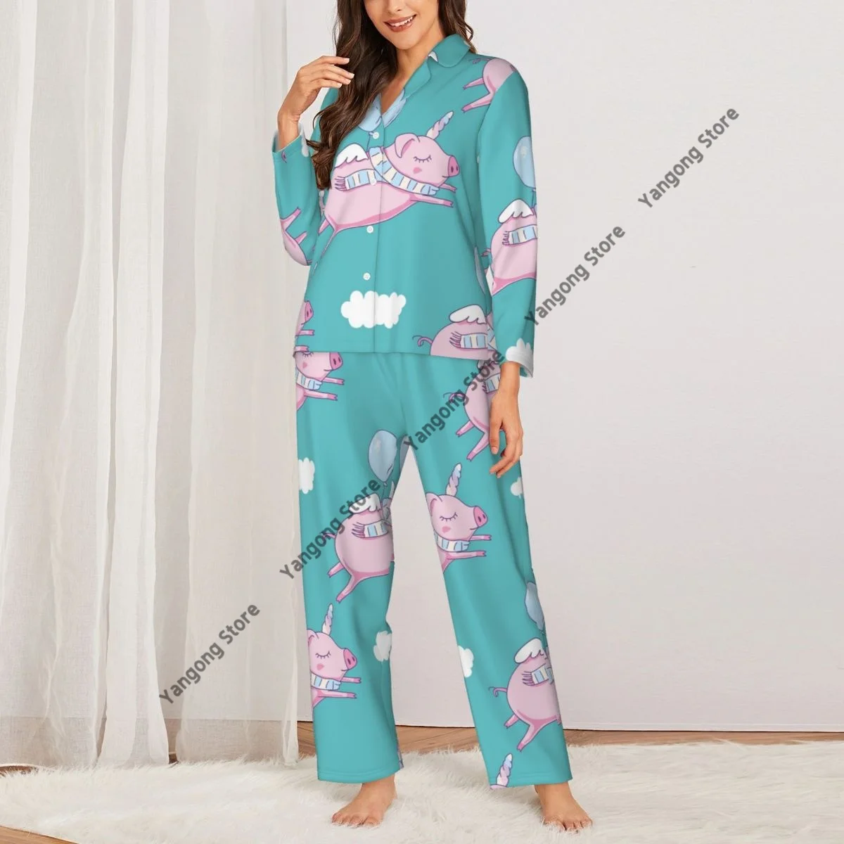 Spring and Autumn Sleeve Pants Pajamas Loungewear Set Cute Pig As Pegasus Unicorn Clouds Women's Pull Edge Loose Sleeping Suit