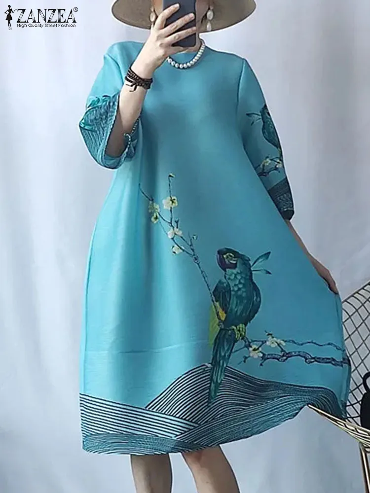 

ZANZEA 2024 Summer Loose A-line Vestidos Vintage Women 3/4 Sleeve Casual Knee-length Dress Parrot Print O Neck Elegant Sundress