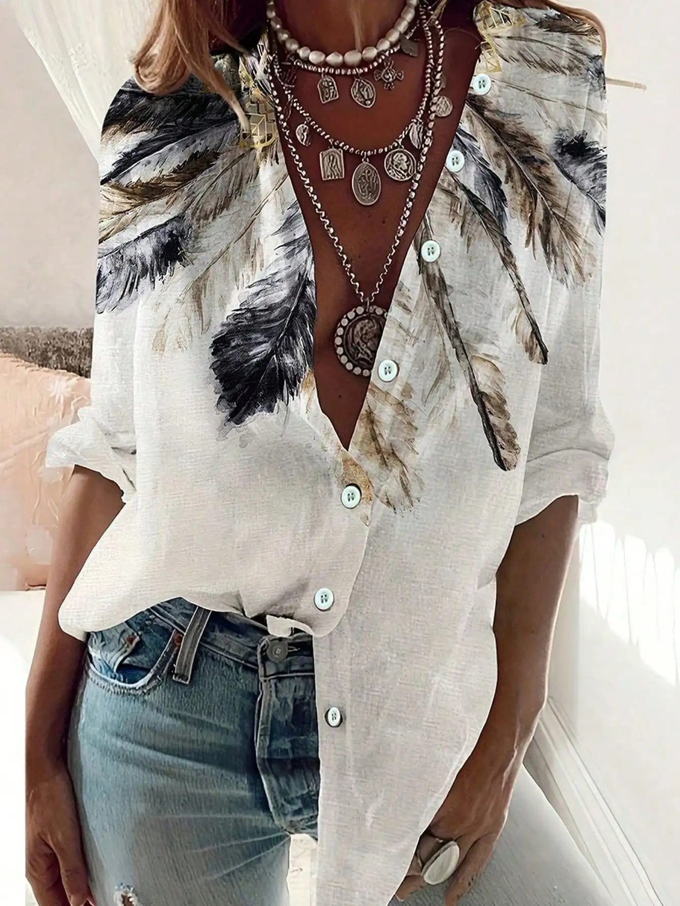 Women's Western ethnic print fashion slim fit long sleeve shirt