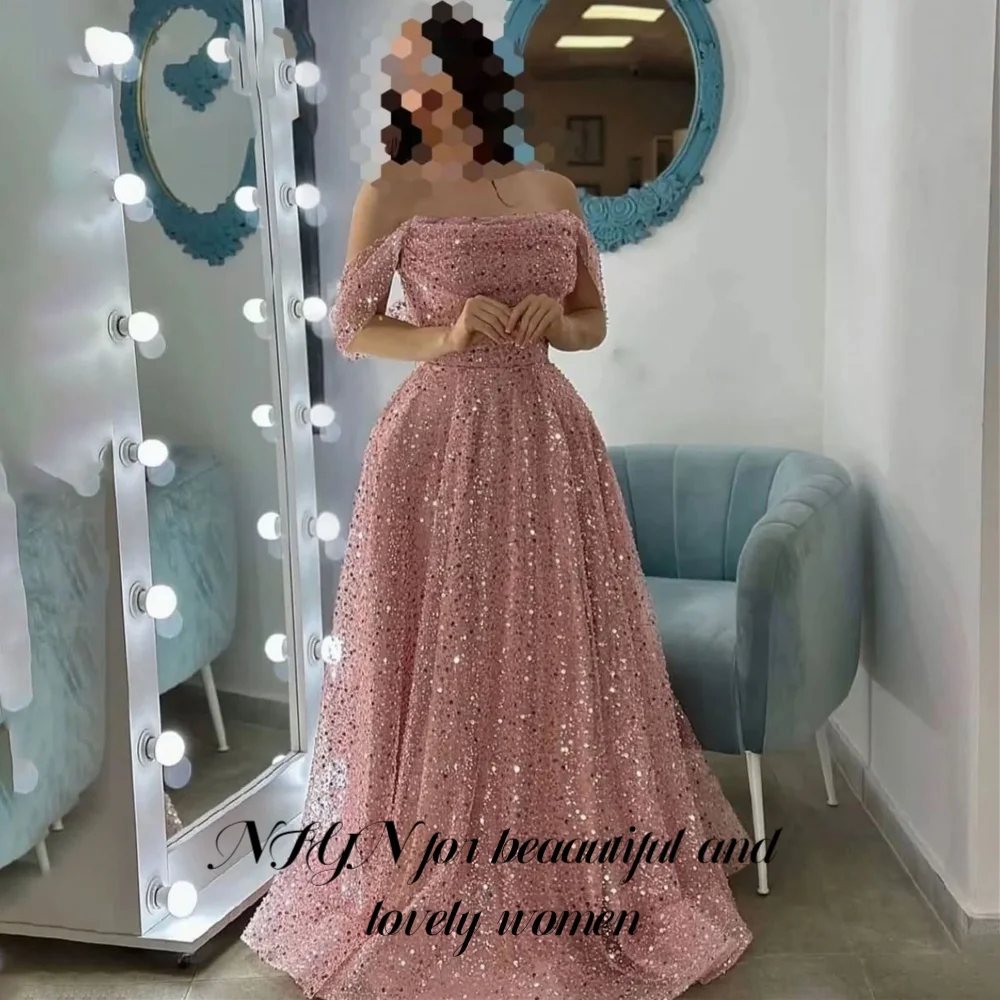 

NFYN Pink Elegant Formal Gown Sequins Off the Shlouder Prom Dress with Pleats Glitter A-Line Evening Dress for Woman Customized