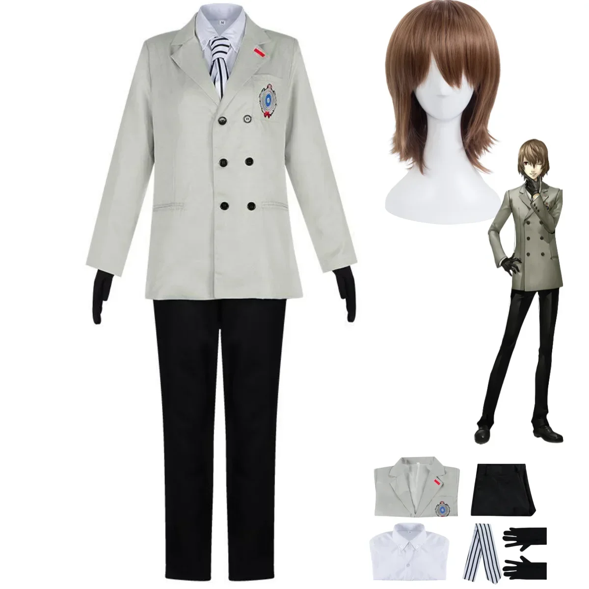 Anime Game Persona 5 Cosplay Fantasia, Fato de Dia das Bruxas, P5 Corvo Uniforme Escolar, Casaco, Camisa, Peruca, Adulto, Homem, Akechi Goro