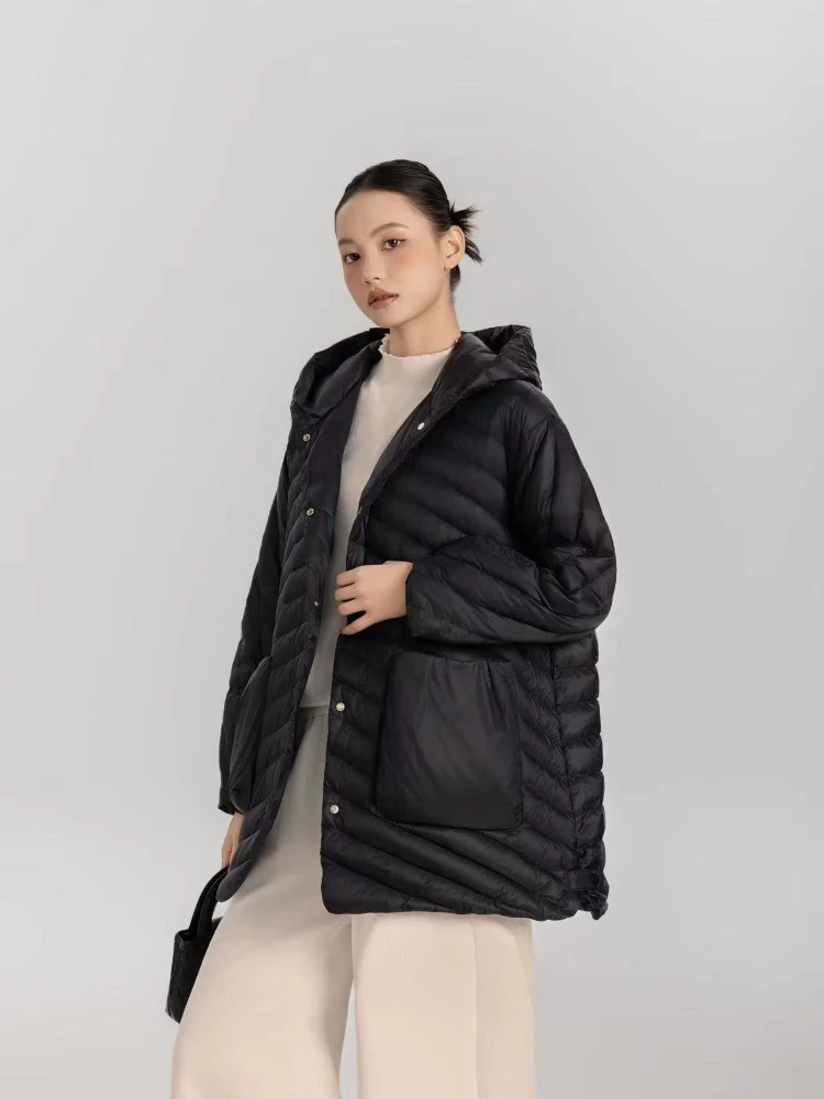 2025年冬 超軽量 パフジャケット レディース 90% ホワイトダックダウン コート ルーズ フード付き カジュアル パーカー 防風 ベーシック アウター