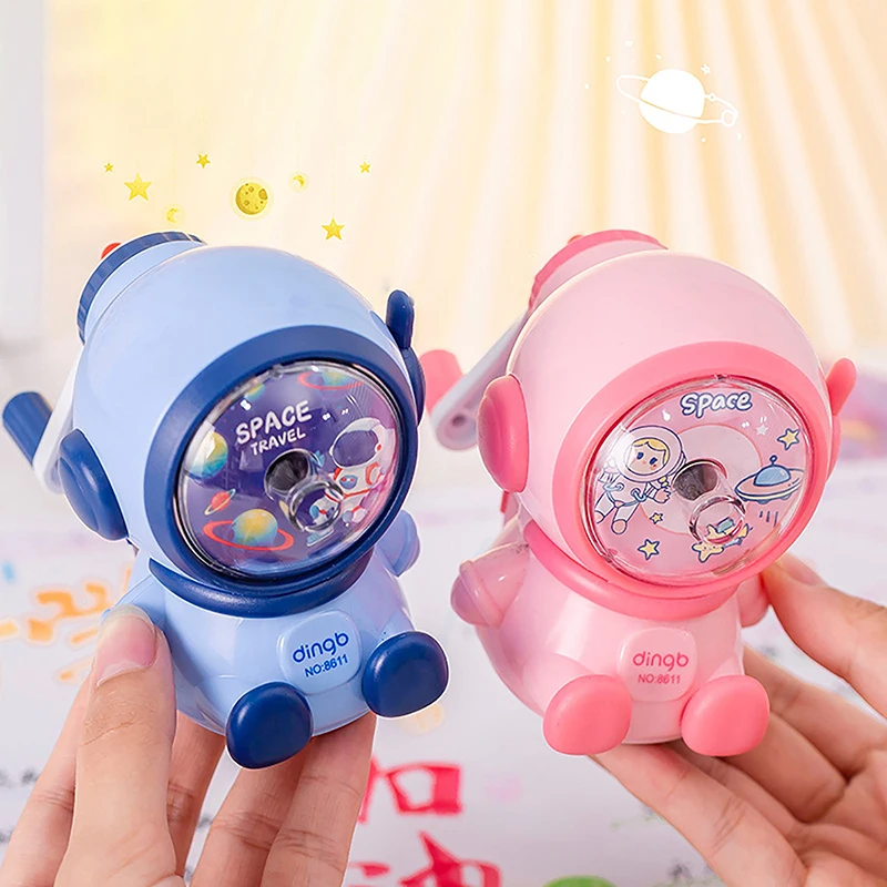 Apontador de lápis automático dos desenhos animados, Apontador bonito forma astronauta, Papelaria de aprendizagem infantil, estudante, 1pc