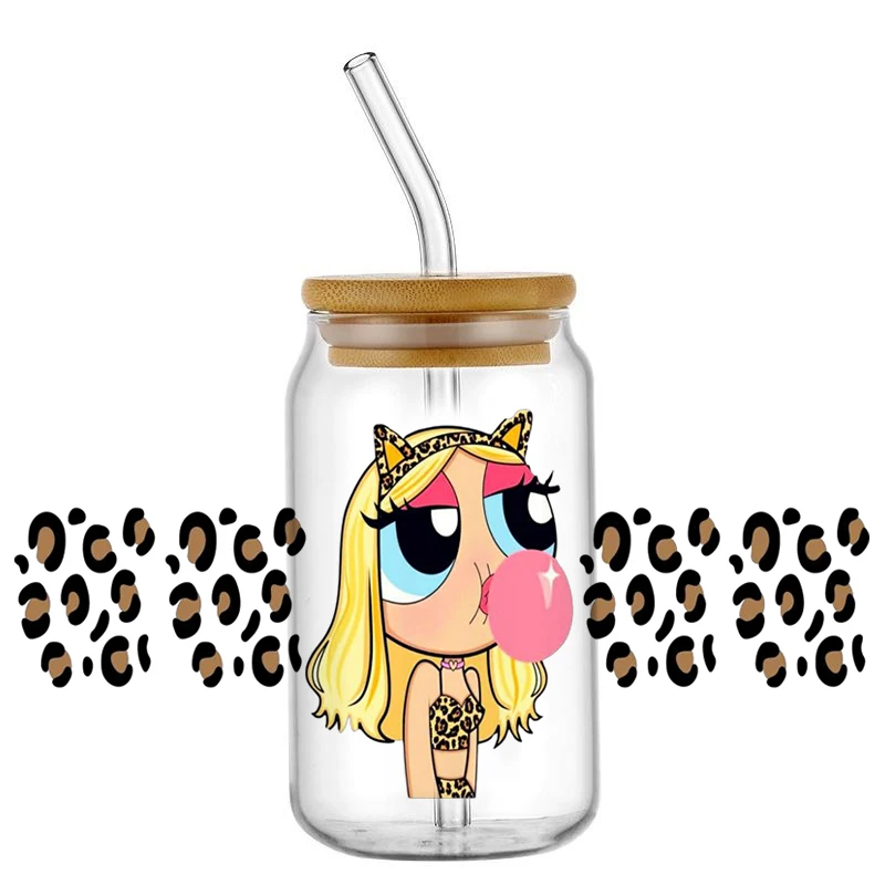 Cartoon Cool Girl Decal Waterproof UV DTF Cup Wrap for 16oz Libbey Glasses Can DIY Washable Mug Transfer Sticker