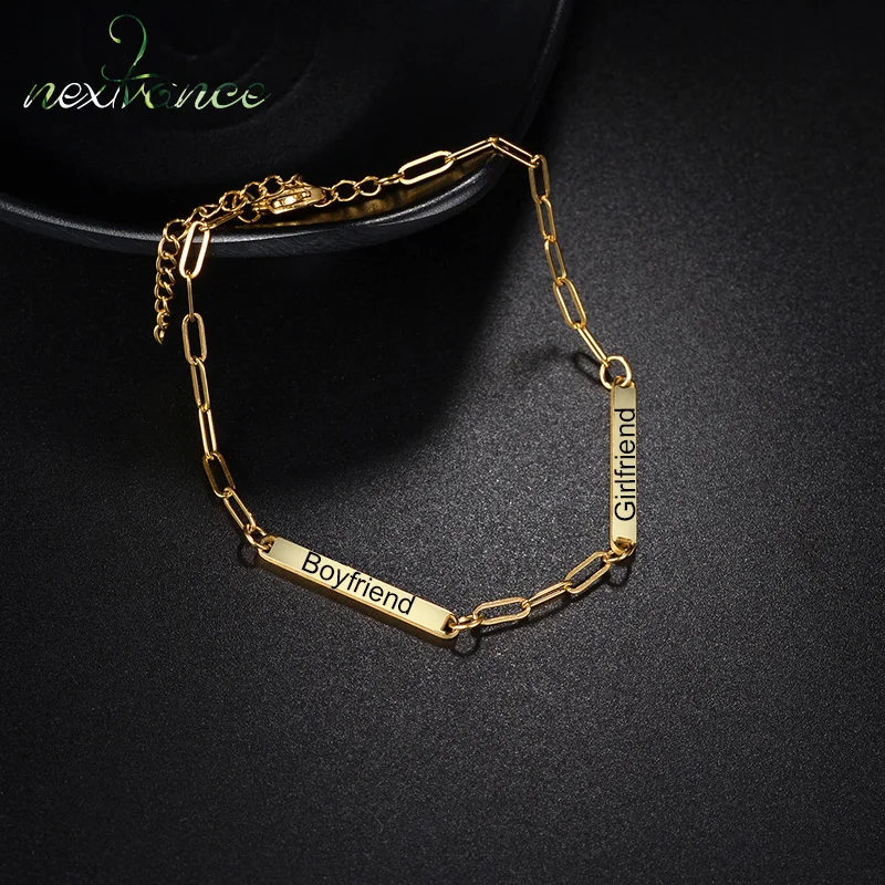 

Nextvance Custom Bracelets Engraved Name Tag Paperclip Link Chain Stainless Steel Personalized For Couple Family Jewelry Gifts