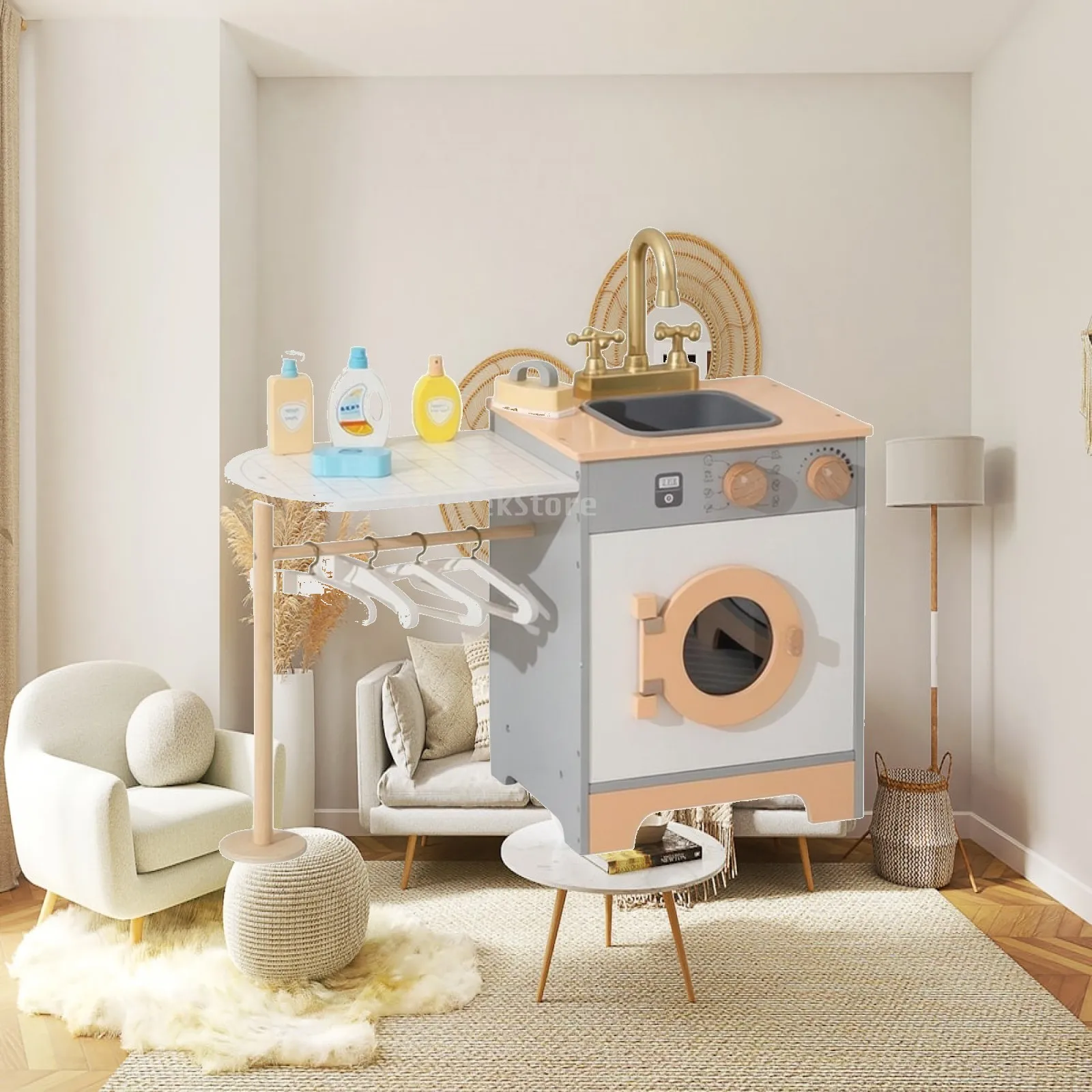 Wooden Toy Washing Machine Interactive Pretend Laundry Station Toy Washing Machine Hands-on Playset Long-Lasting for Children