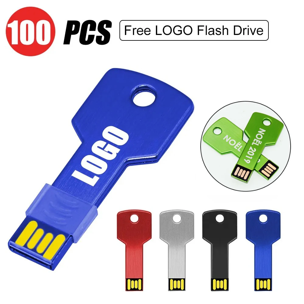

100pcs Custom logo USB Key shape Pendrive Metal Memory Stick 8GB 16GB 32GB 64GB Flash Drive pen drive flash usb disk pen drive