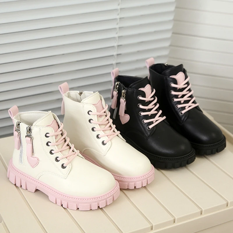 Girls Heart Decor Ankle Boots Kids Winter Lace-Up Double Zipper Booties Non-Slip Rubber Outsole Boots for Litter & Big Girls
