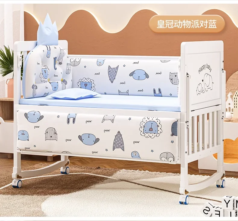 Nowa Najlepsza Oferta Łóżeczko Dziecięce Drewniane 6 w 1 z Regulowaną Wysokością, Łóżeczko z Litego Drewna z Materacem Palmowym i Zestawem Pościeli