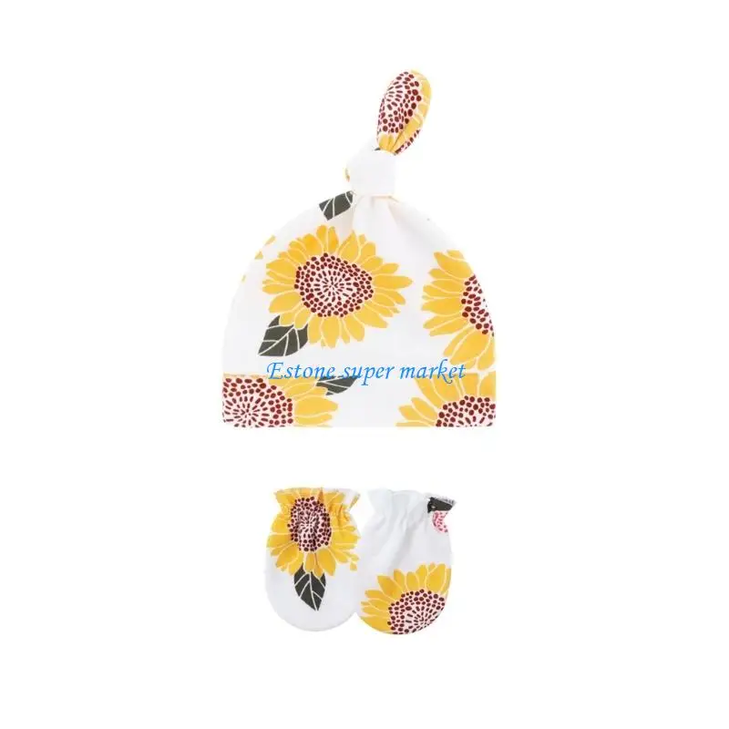 

090B 3 Set Cosy Breathable Baby Bonnet Caps Color/Printed Knotted Hat & Glovers