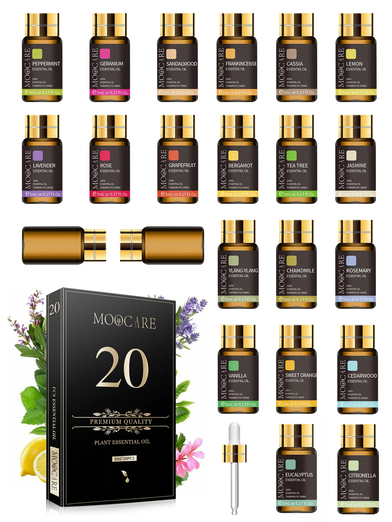 Hot Sale 5ml*20Pcs Essential Oil Set Bedroom Air Freshener Long Lasting Scent for Diffuser, Humidifier & DIY Premium Gift Box