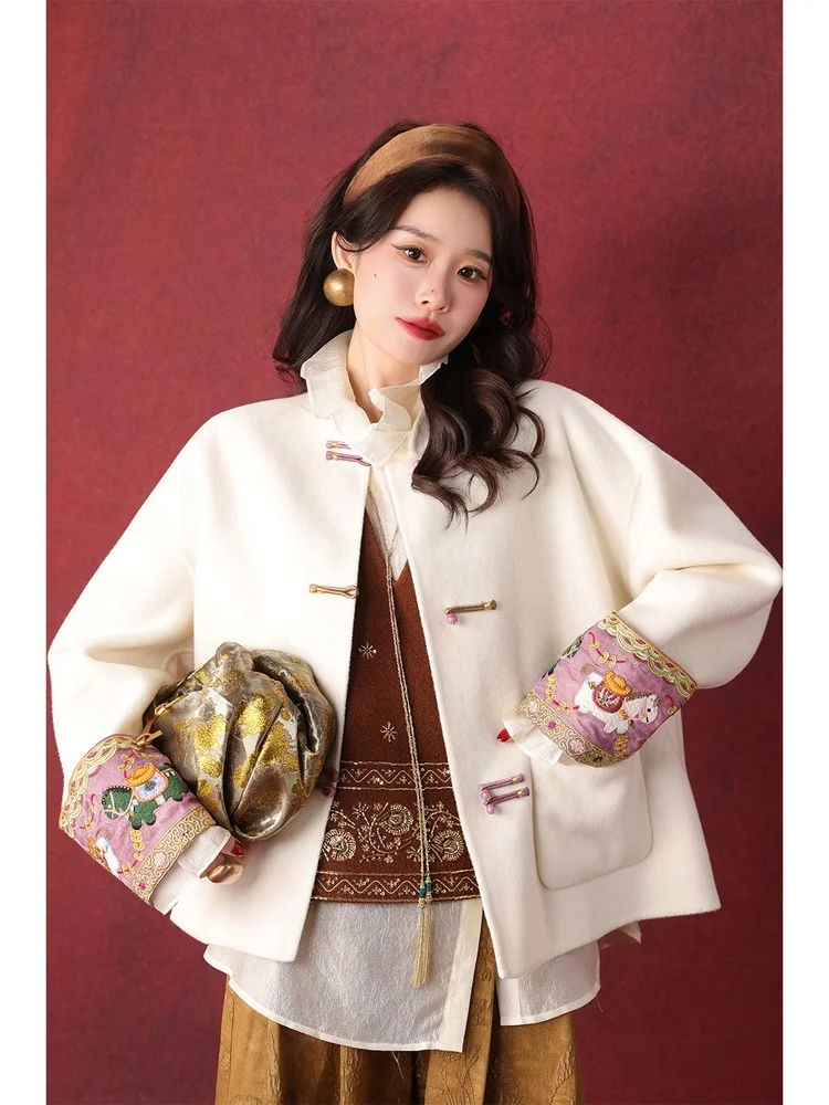 

Шерстяное пальто Dangdang Somes в китайском стиле с пуговицами, 100% шерсть, деревянный дизайн, свободный крой, длинный рукав