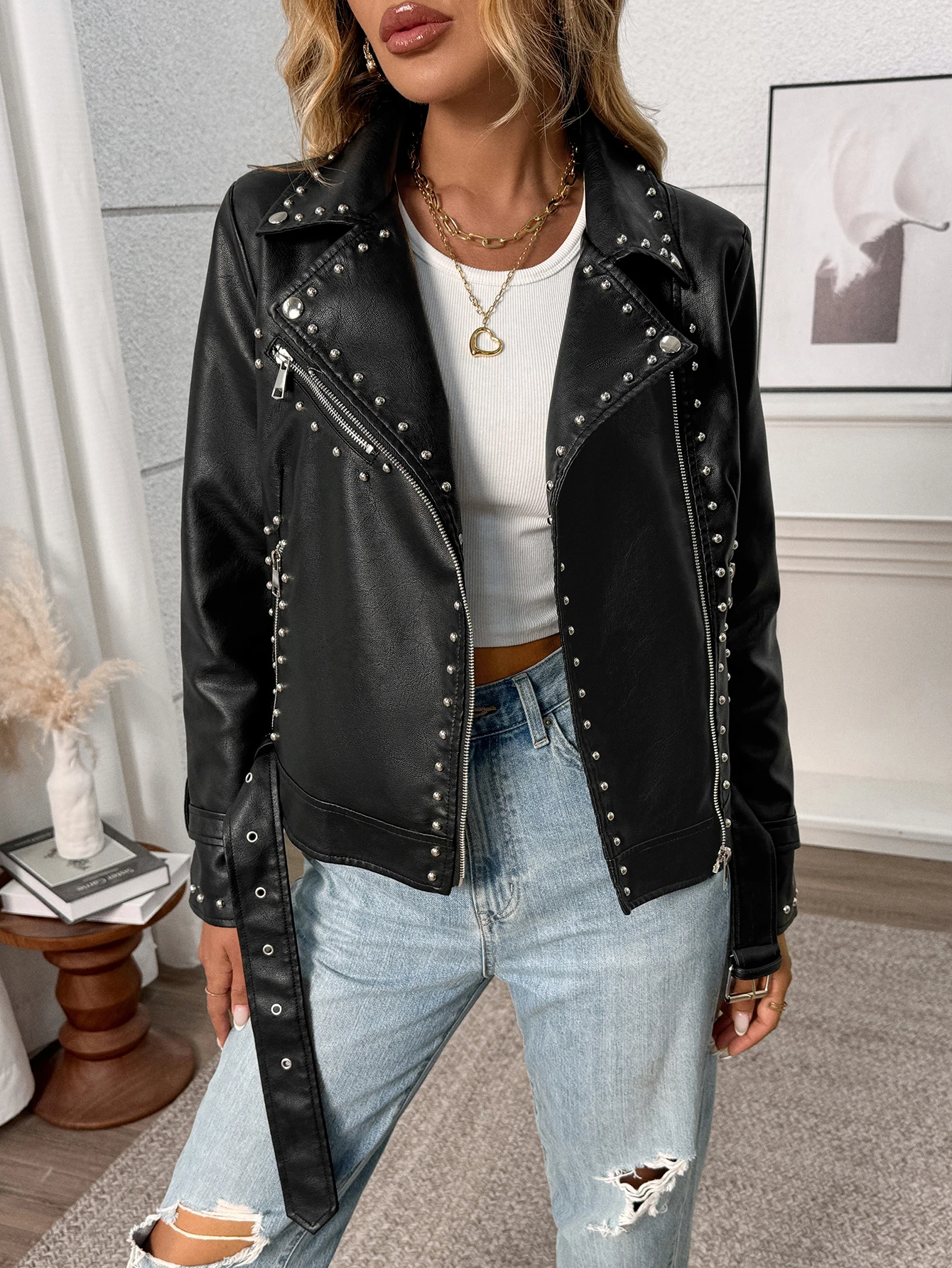 Giacca da donna in ecopelle con borchie e rivetti da motociclista, cappotto punk streetwear alla moda