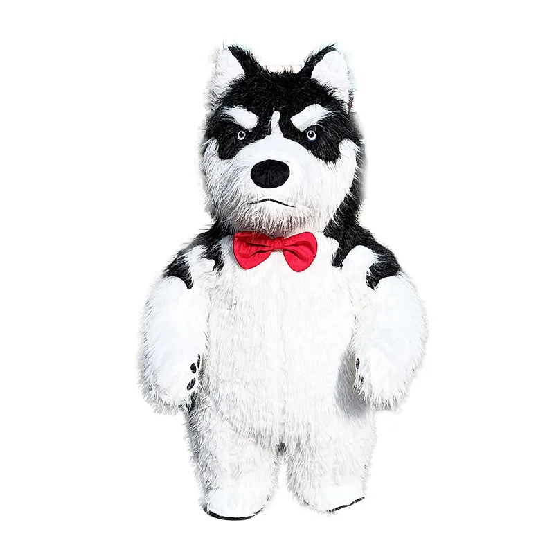 Inflatable Black Husky Cartoon Costume Man Wears Long Hair Grey Husky Puppy Doll Halloween Party Role Play Costume