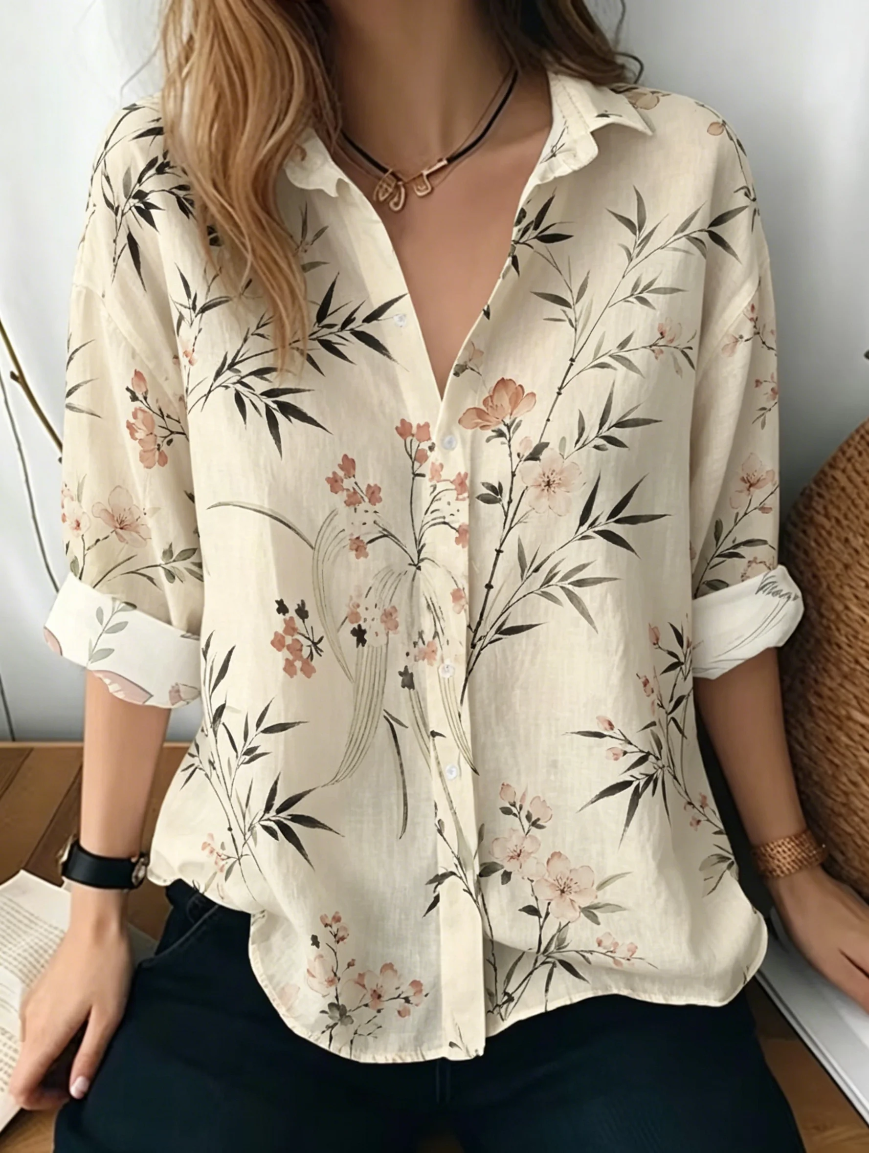 Women's Spring Summer Chinese Ink Bamboo Cherry Blossom Print Lapel Shirt, Light V Neck Button Front Casual Travel Blouse