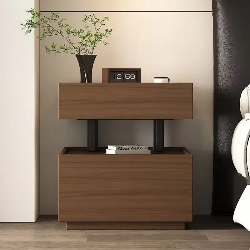 Minimalist Nightstand with Attached Beige Lamp and Walnut Drawer Base