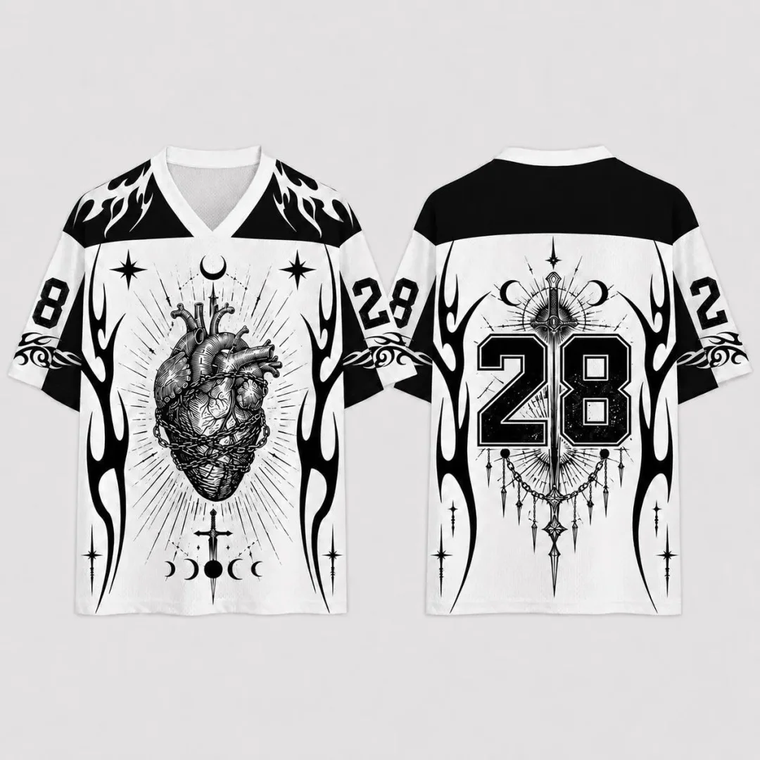 Gothic Sacred Heart Jersey Shirt Dark Tattoo Baseball Jersey Celestial Moon Sword Sports Tee  Men's T-Shirt Kid's Clothing Tee