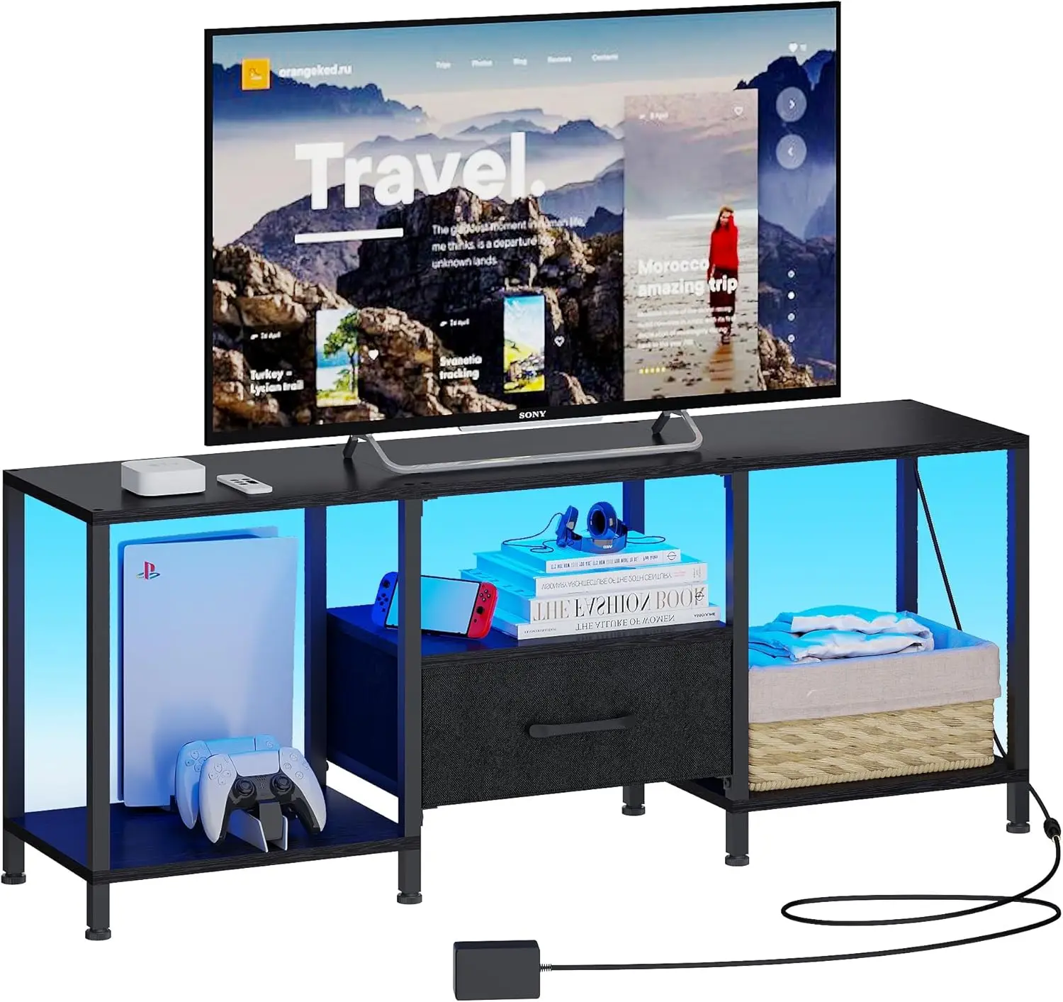 

LED TV Stand with Open Shelves & Fabric Drawer, Entertainment Center for 55 Inch TVs, Black Media Console