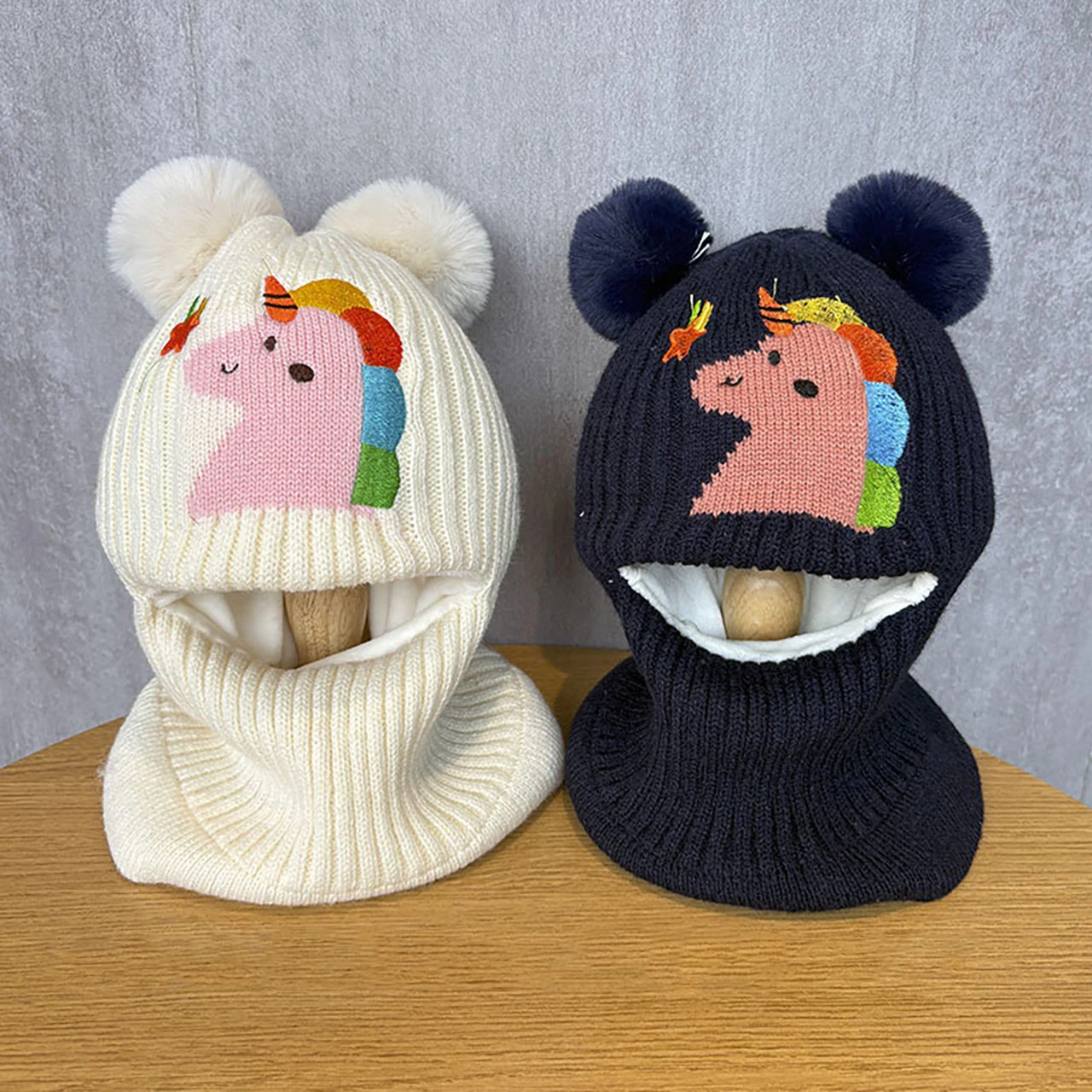 Kids One-Piece Scarf Knit Hat Winter Warm Children Ear Protection Cap Baby Plush Ball Beanie 2-10Year Boy Girl Wool Neckerchief
