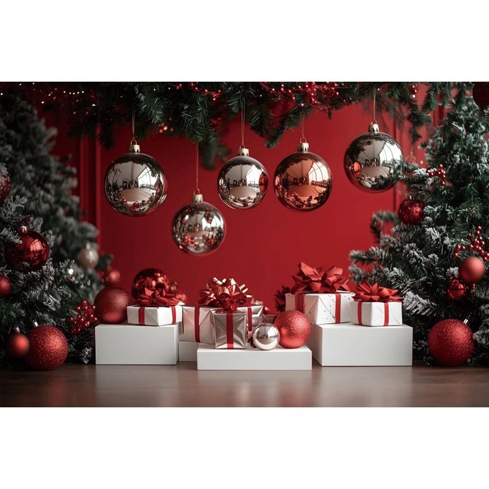 عيد الميلاد كرات ضوء فضية جدار أحمر خلفية هدية شجرة عيد الميلاد حفلة الأطفال الأسرة صورة التصوير خلفية استوديو الدعائم