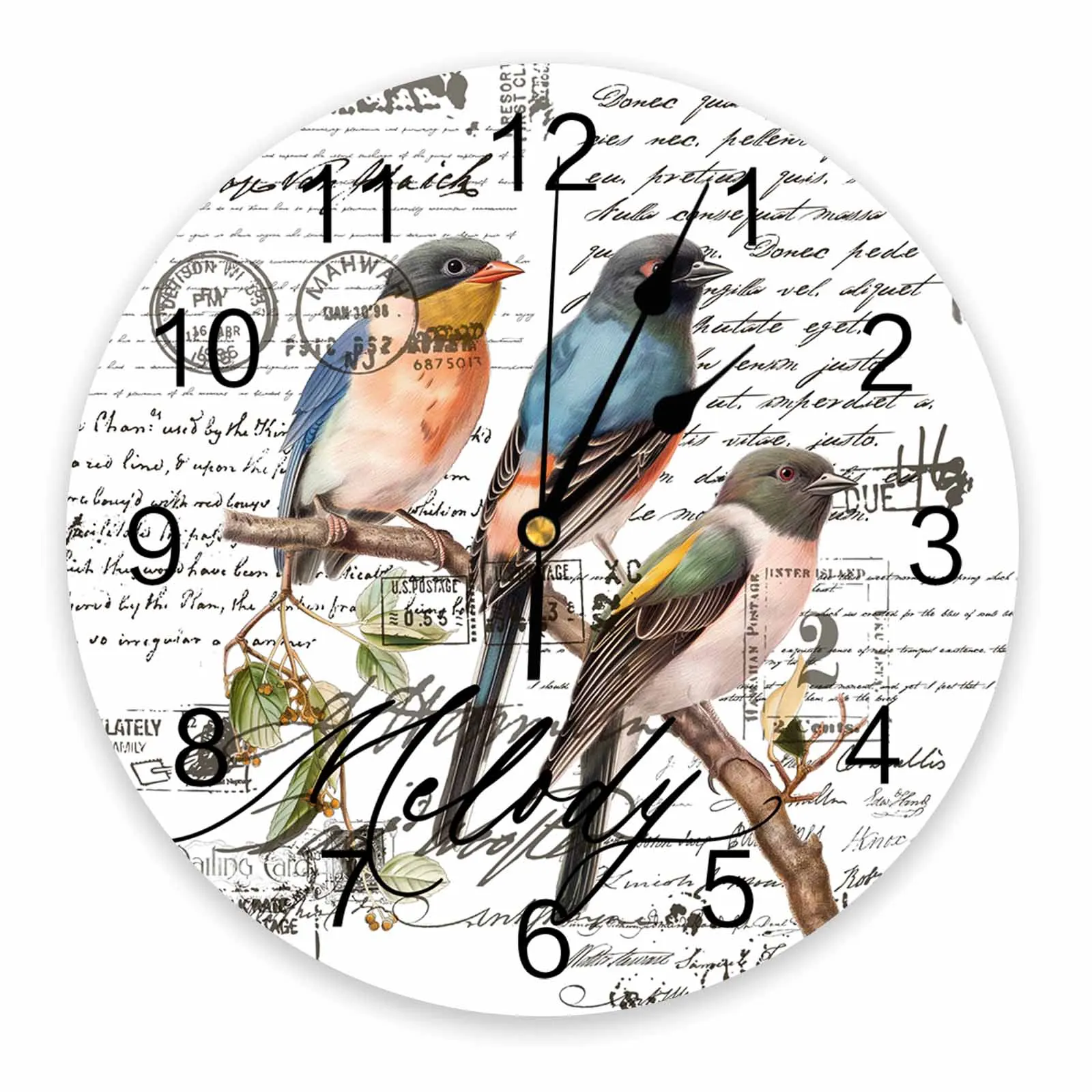 Vintage Bird Hand Drawn Envelope Postmark Printed Wall Clock Modern Silent Clock Living Room Home Decor Wall Hanging Watch