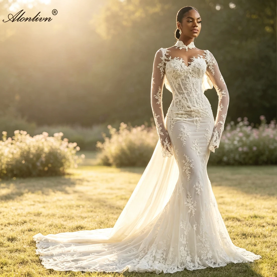 Alonlivn Custom Made Elegant Lastest Mermaid Wedding Dress Full Sleeves Embroidery Lace With Removable Bow Bridal Gowns