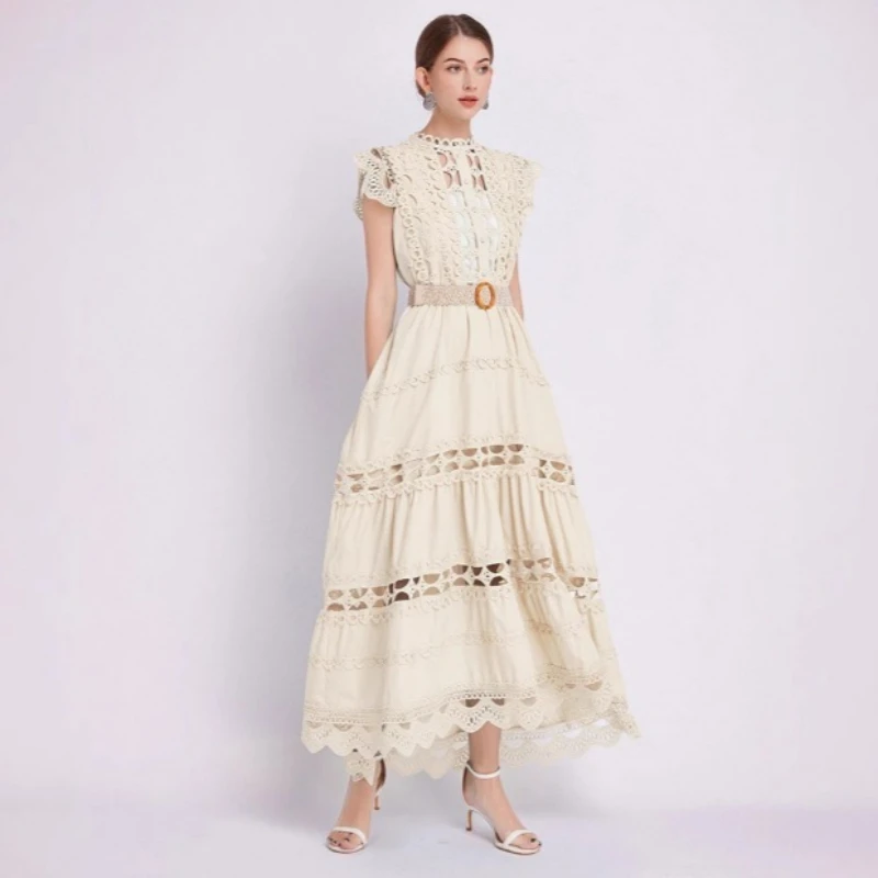 Luxo high-end vestido de festa feminino vestidos gola alta recorte bordado renda sem mangas magro vestido elegante de alta qualidade