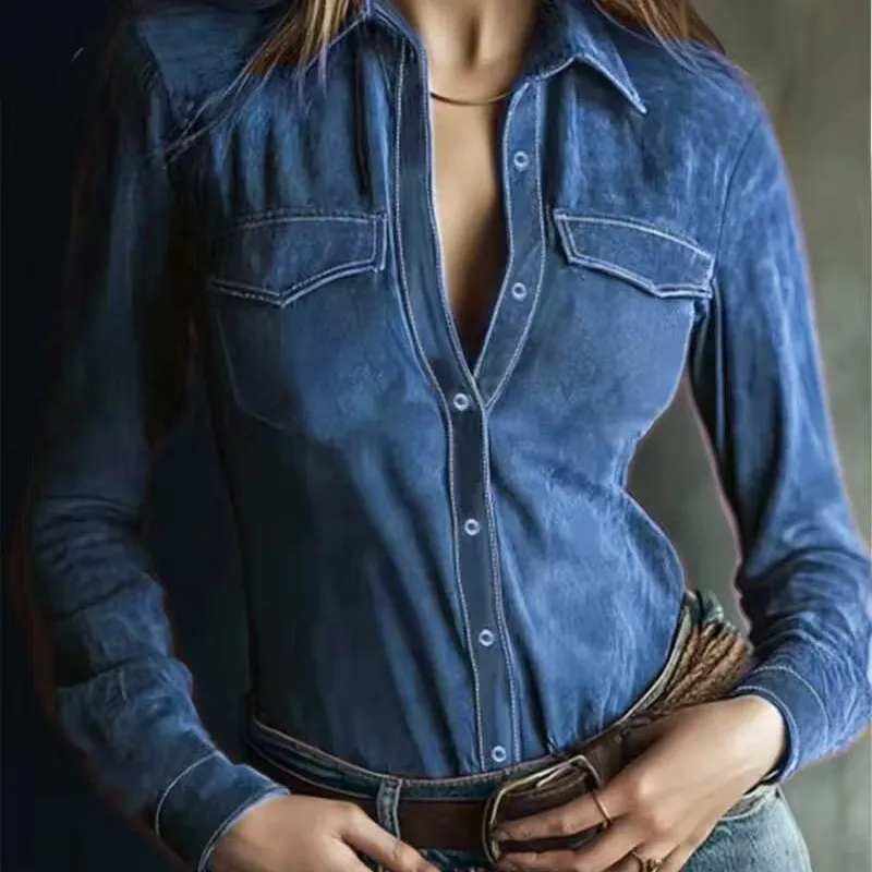 Long Sleeve Dyed Shirt Straight Cut Elegant Commuter with No Stretch Open Front Ol Commuter Style Regular Sleeve Women Blouse