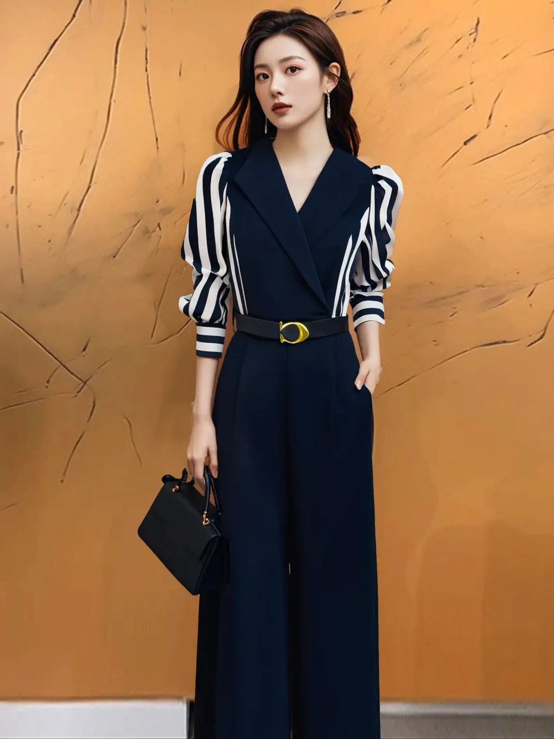 Ele Tuta a gamba larga a vita alta da donna Faion Patchwork a righe Abito intero Autunno Nuovo arrivo Premium Feeling