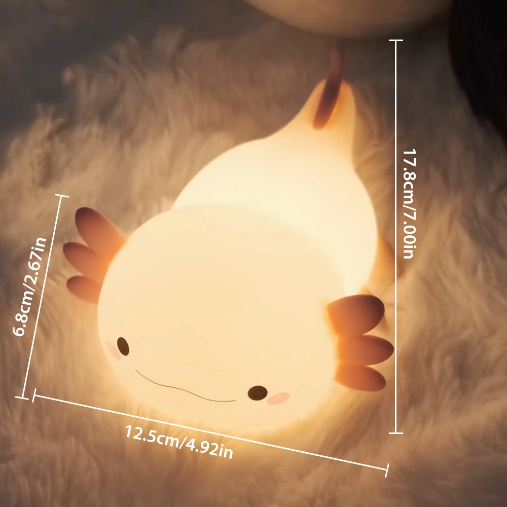 1Axolotl-Veilleuse en silicone pour enfants, 2 luminosités, lampe de couchage portable, aste par USB, lampe de chevet pour chambre de bébé