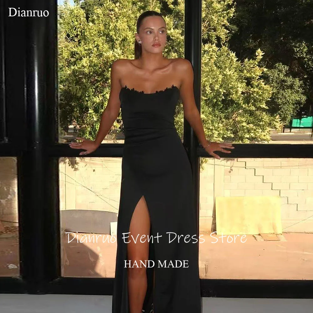 

Dianruo Pleat Elegant Black Formal Evening Dresses Sultry High Slit Robes De Soirée Strapless Satin Vestido De Fiesta Customized
