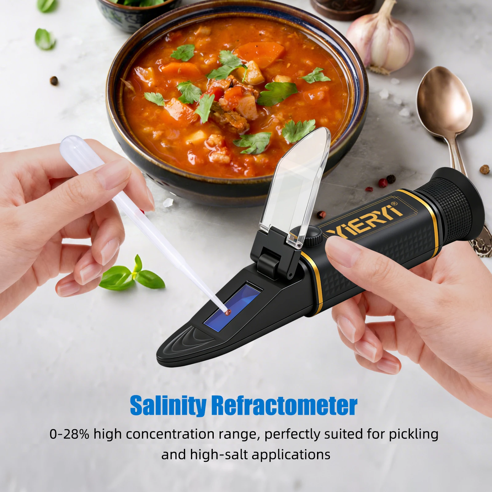Yieryi 0-28% Salinity Refractometer Handheld High Precision Salt Meter with ATC for Brine Pickling Food Processing Aquaculture