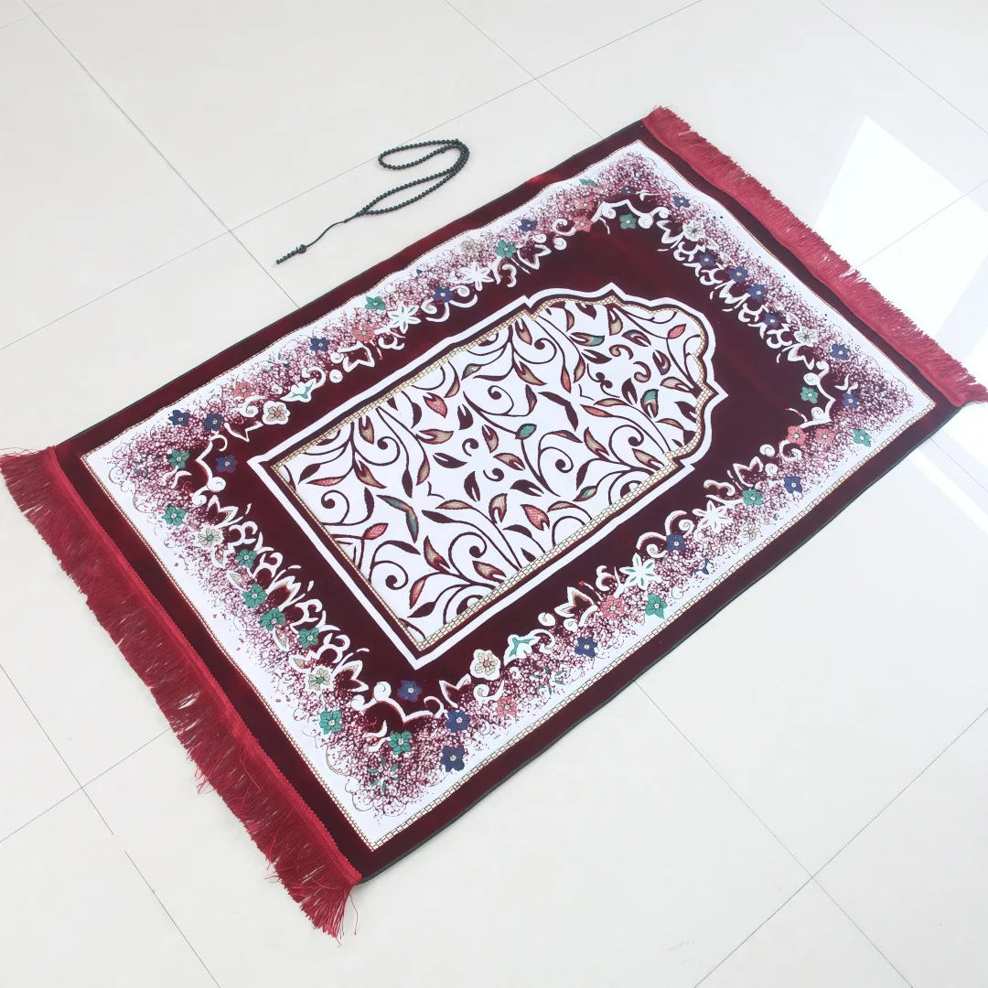 Embossed Flocking No.2 Prayer Rug, Thickened Anti-slip Flocking Prayer Mat with Matching Prayer Beads, Indoor Worship Cushion