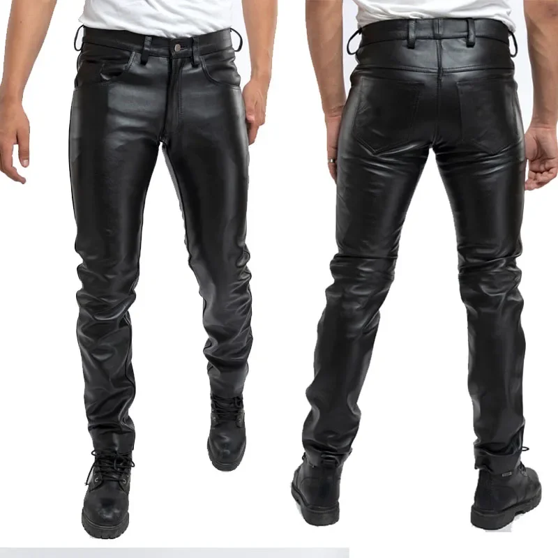 2023 pantalones de cuero para hombre, pantalones ajustados de cuero PU, pantalones de cuero elásticos a la moda para motocicleta, pantalones impermeables a prueba de aceite para hombre @ 0Z *