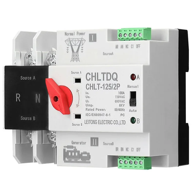 Dual Power Automatic Transfer Electrical Selector Switches Uninterrupted 2P 63A 100A 125A 110V 220V