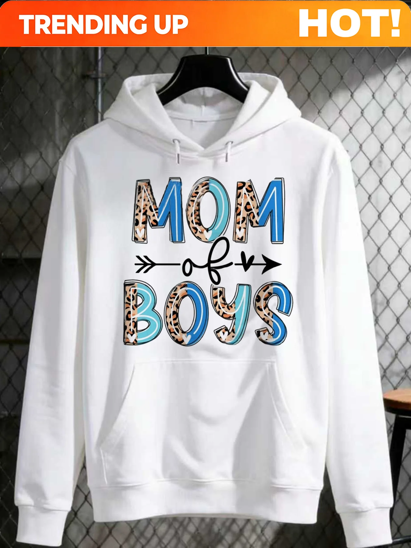 Customization Men's MOM Of BOYS Lettering Hoodie With Leopard Print Arrow & Blue/Black Text White - Comfortable Round Neck Long