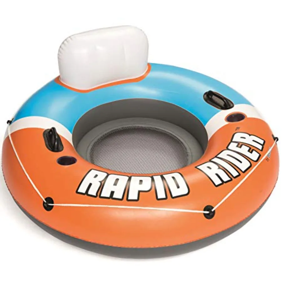 Outdoor inflatable pool chair for lounging, PVC material, orange, includes cupholders, handles, and all-around grab rope 4 pack