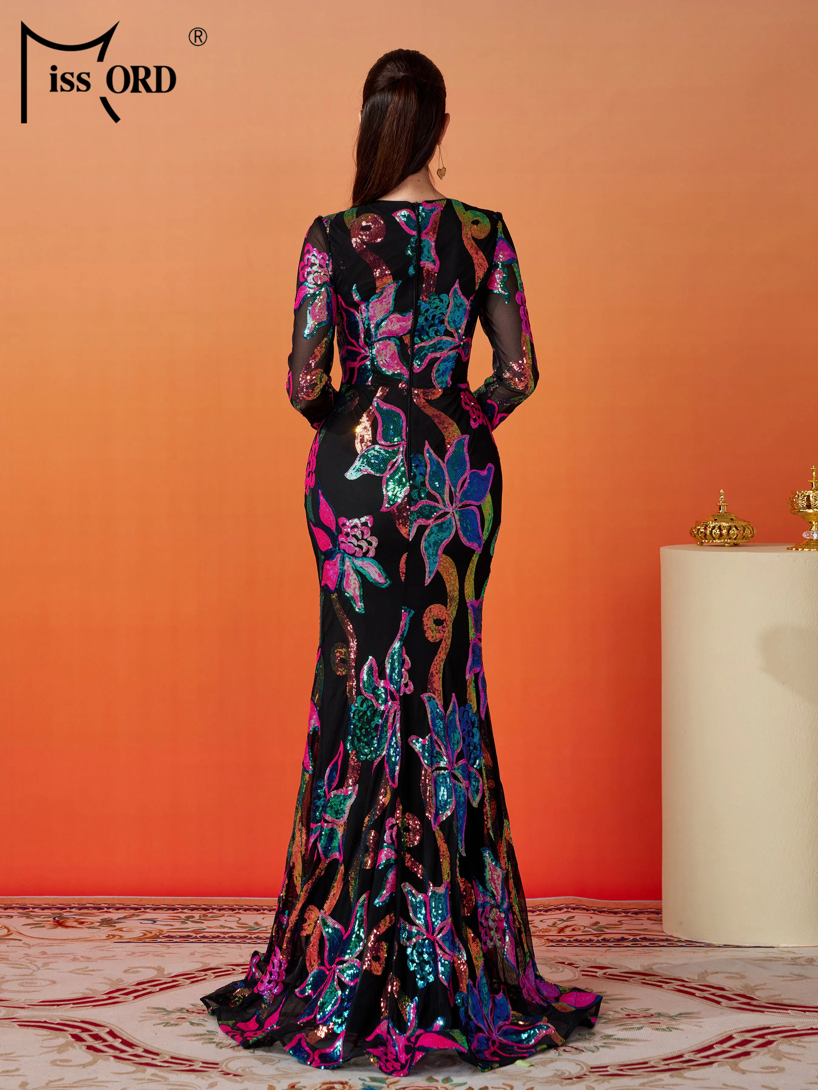Missord New Floral Round Neck Long Sleeved Sequin Mermaid Evening Gown Wedding Birthday Party  Luxury Formal Occasion Dress