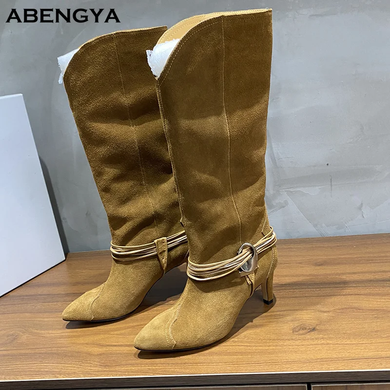 2025 Winter Brown Suede Knee High Boots Women Pointy Toe Middle High Heels Long Boots Designer Party Thigh High Boots For Women