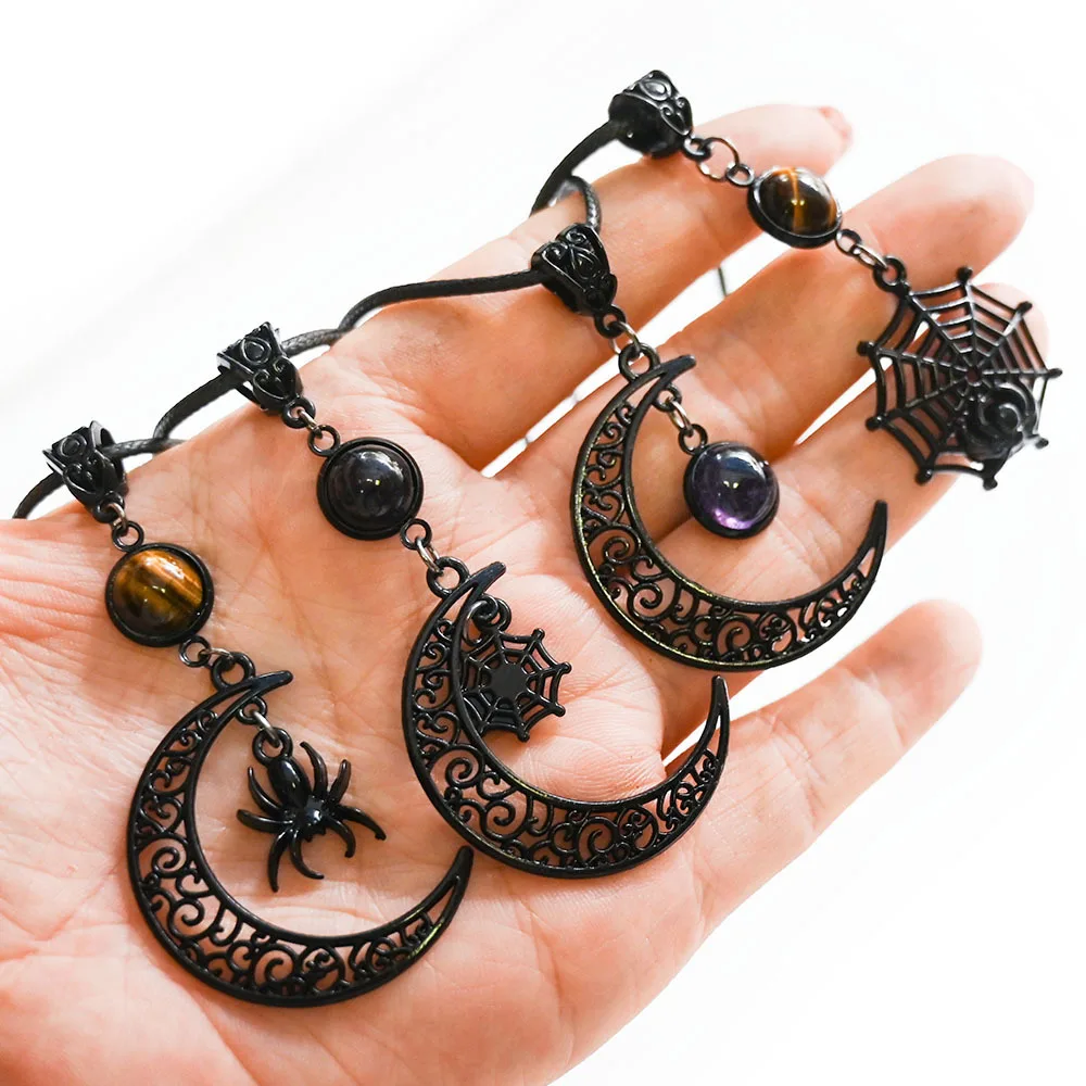 Natural Crystal Vintage Gothic Human Heart Pendant Spider Moon Punk Amethyst Tiger Eye Necklace Pendant