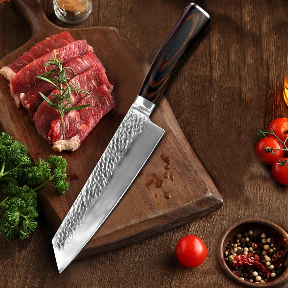 Kitchen Chef Knife Set High Carbon Stainless Steel Hammered Collection Knife Utility Santoku Kirtsuke Knife Meat Cleaver