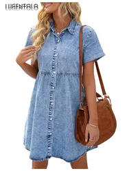 Women Denim New Dress Short Sleeve Casual Street Single-breasted Do Old Female Lapel Washed Sweet Big Swing Empire Midskirt