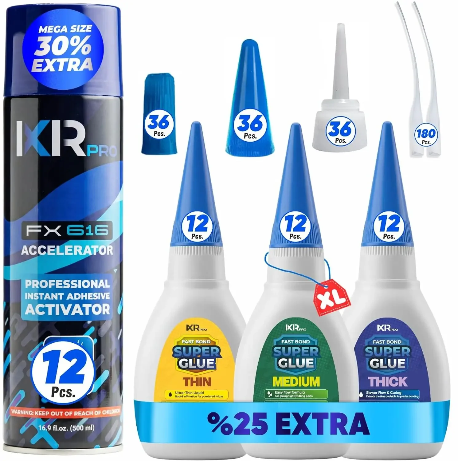 CA Glue with Activator Kit - 36 x 1.75 oz (Thin, Medium, Thick) + 12x 16.9 fl oz Accelerator Spray, Cyanoacrylate Super Glue