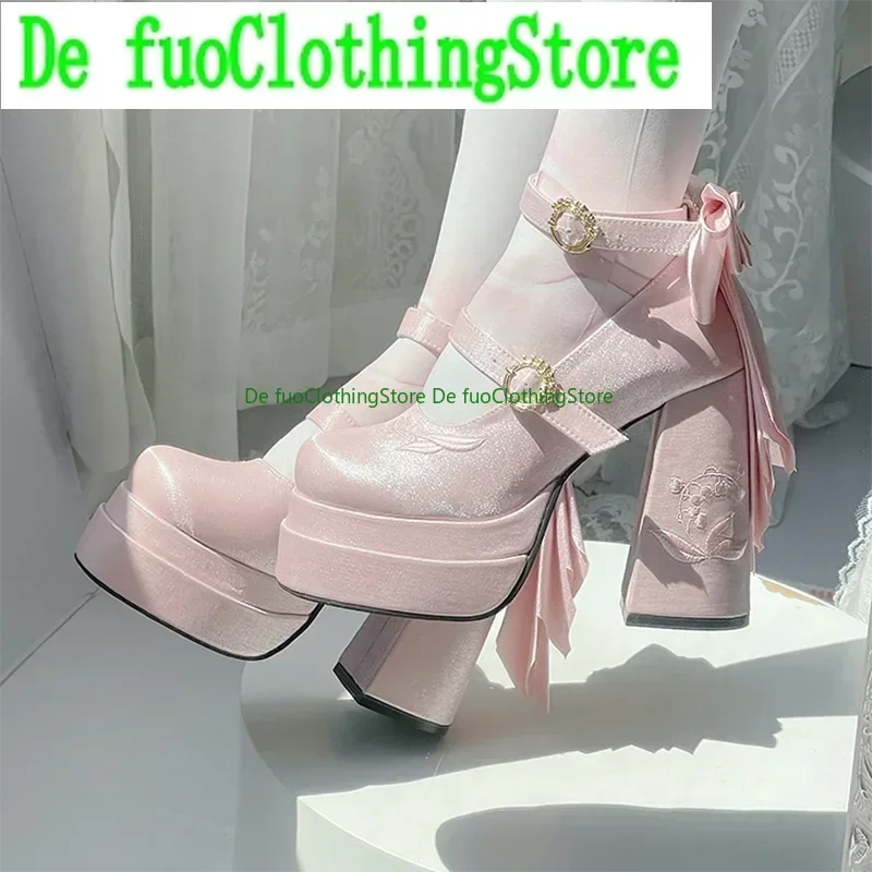 Elegant Satin Waterproof Lolita Mary Jane Shoes Women Sweet Girls Cute Bow Paltform High Heel Ladies Pumps Platform Heels