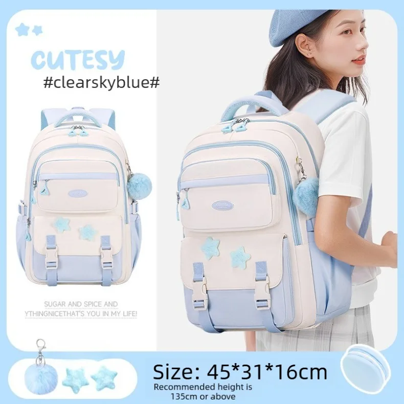 Primary Middle School Backpack for Girls Cute Backpack for School Pink School Bag for Teen Girls with Star Pins Furry Pendant