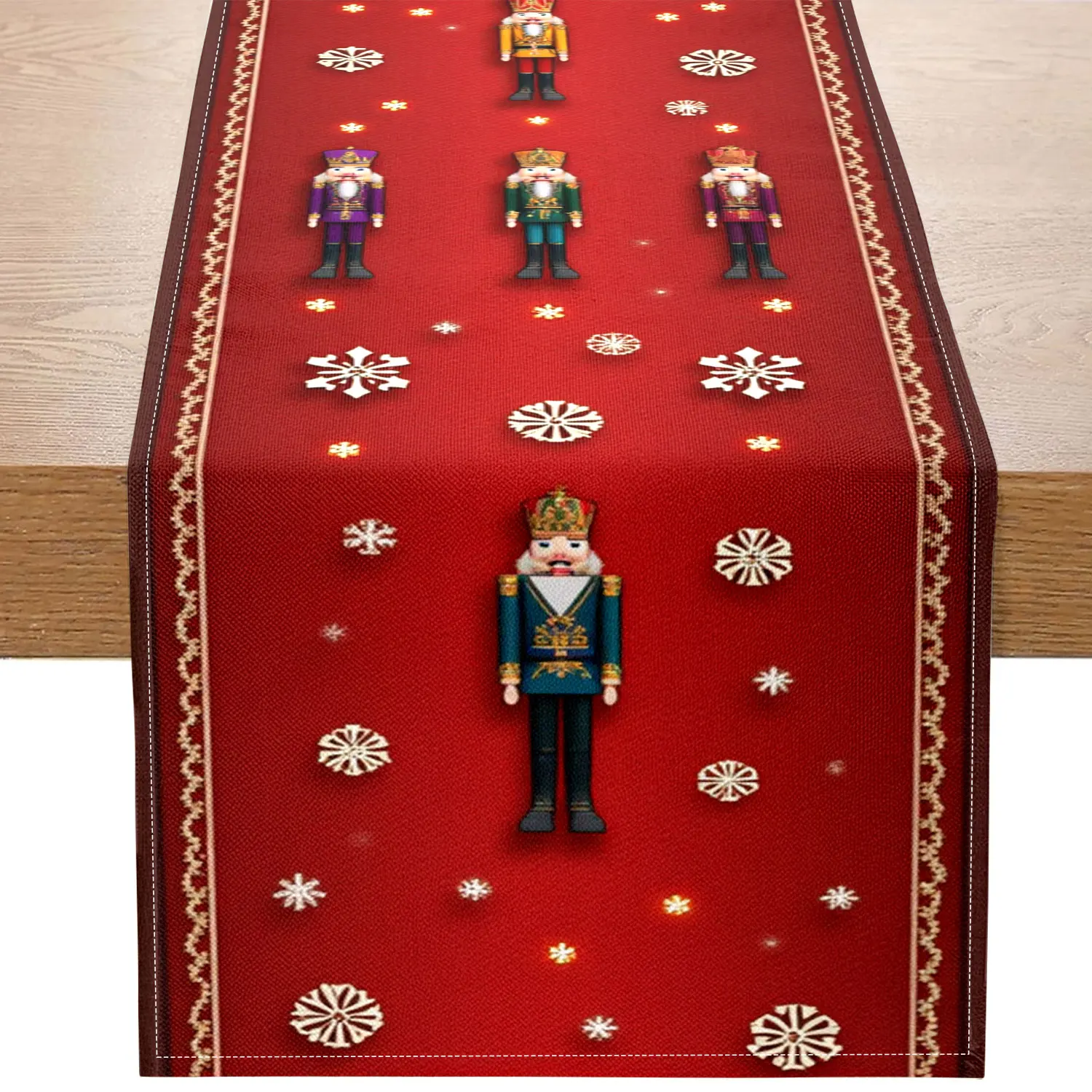 1Pc Christmas-Themed Table Runner, Featuring Nutcrackers, Christmas Trees, and Snowflake Patterns, Suitable for Christmas Parties and Festive Home Decor Scenes.